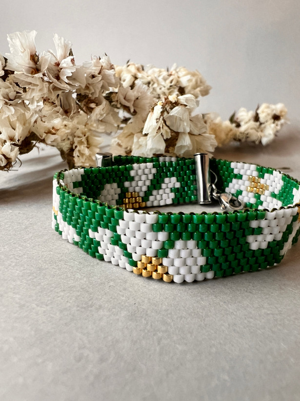 دستبند میوکی بافت آجری مدل شکوفه سفید