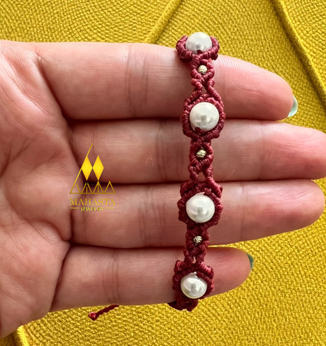 دستبند مکرومه ترکیب با مرواریدو گوی طلا