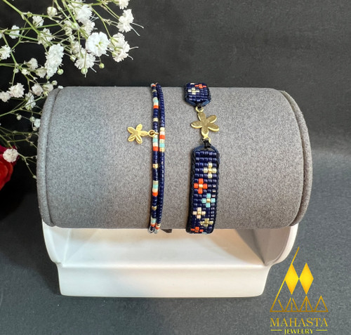 دستبند میوکی طرح گل ترکیب با پلاک طلا مدل گل