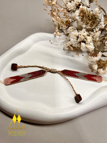 دستبند میوکی هفت رج طیفی زرشکی نقرهای زنانه | دستبند بافت دستساز مهره میوکی ژاپن