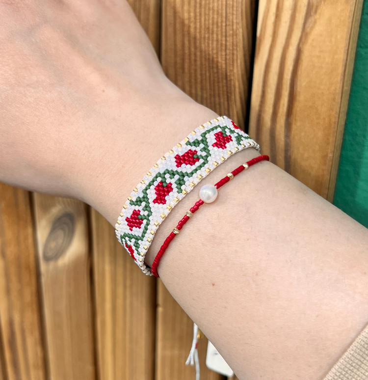 دستبند میوکی گل لاله با طلا و مروارید رنگبندی سفید قرمز