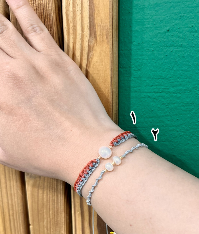 دستبند مروارید ترکیب با گوی البرناردو و بافت مکرومه طل